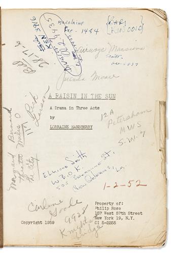 (ENTERTAINMENT--THEATER.) Lorraine Hansberry. The actress Juanita Moores copy of the script for Raisin in the Sun.